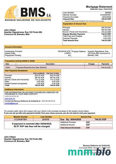 Mali Banque Malienne de Solidarité (BMS) wyciąg z kredytu hipotecznego szablon Word i PDF